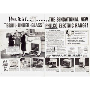 1950 Philco Stove Electric Range 2 Page Vintage Print Ad Sexist 50s Wall Art